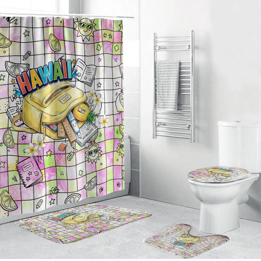 Hawaii Cruising Back To School Bathroom Set Grid Pattern With School Bag And Vintage Surf Van