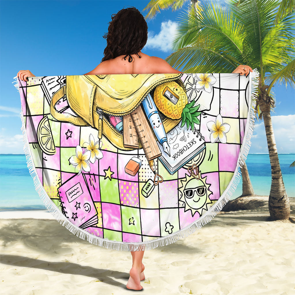 Hawaii Cruising Back To School Beach Blanket Grid Pattern With School Bag And Vintage Surf Van
