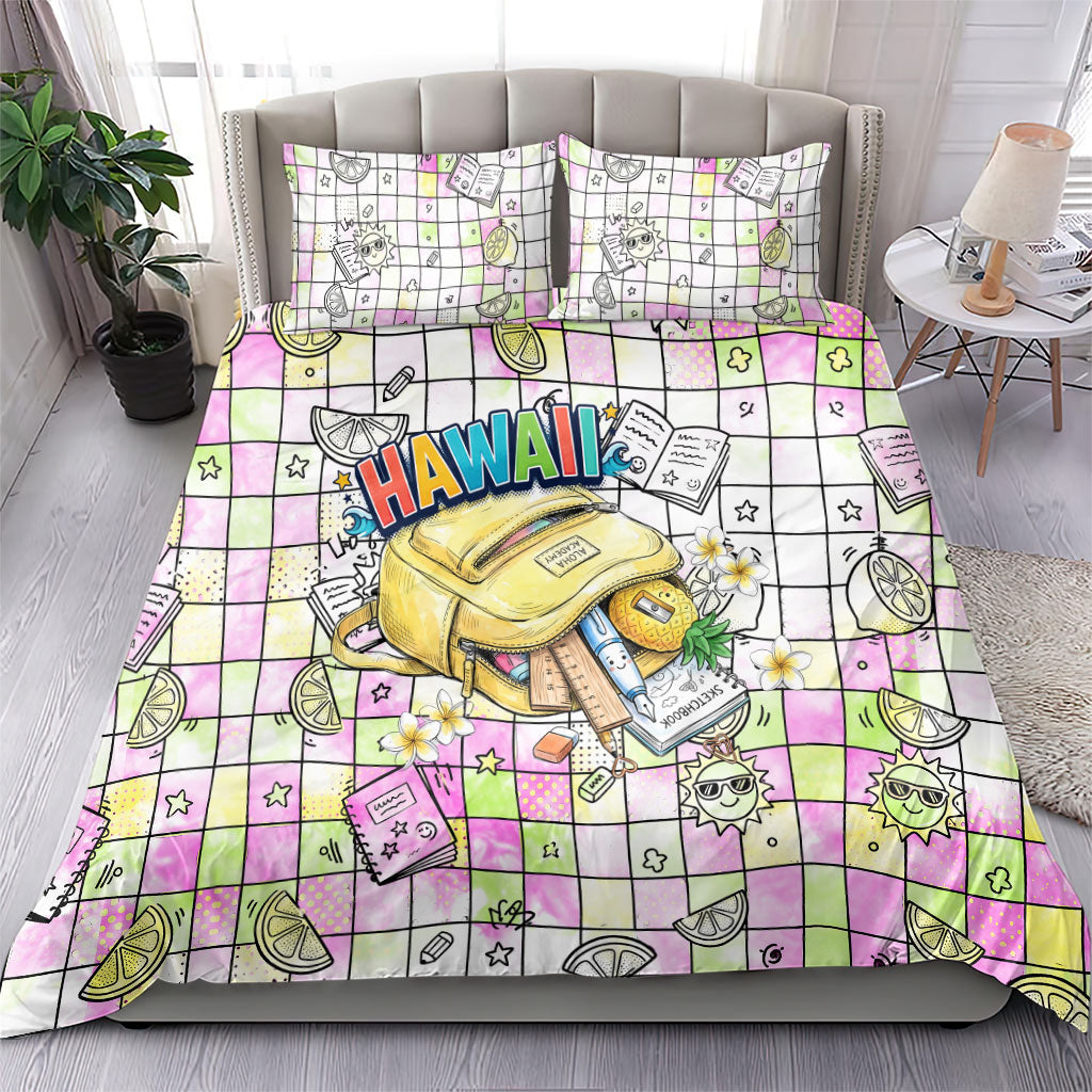Hawaii Cruising Back To School Bedding Set Grid Pattern With School Bag And Vintage Surf Van