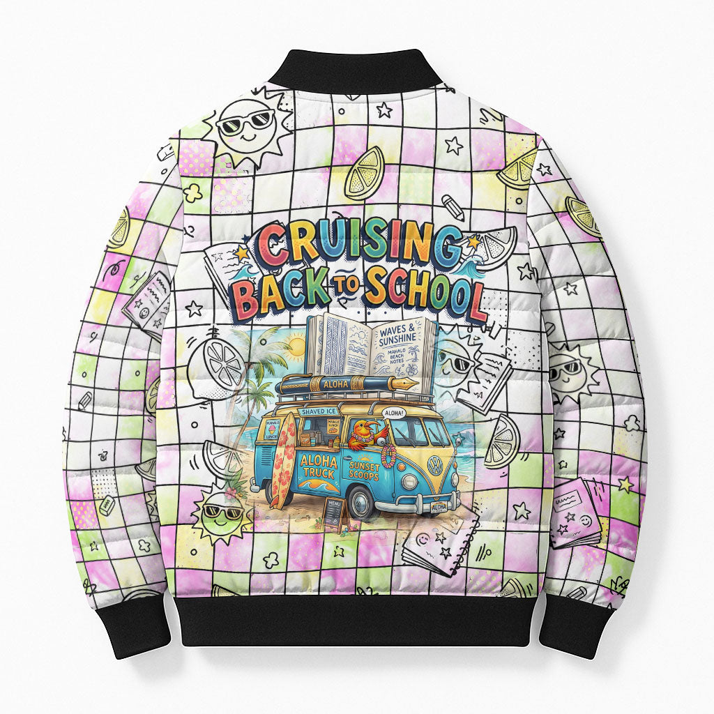 Hawaii Cruising Back To School Bomber Puffer Jacket Grid Pattern With School Bag And Vintage Surf Van