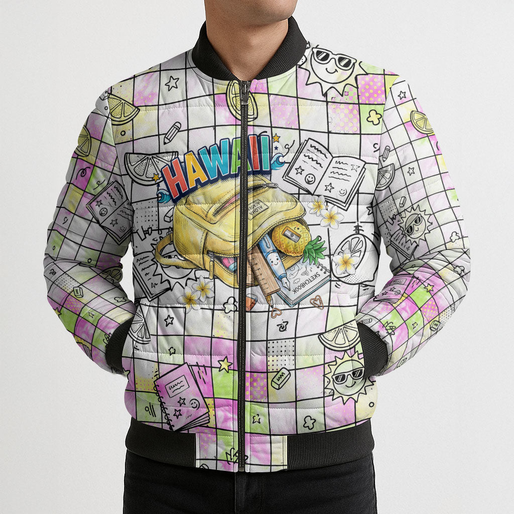 Hawaii Cruising Back To School Bomber Puffer Jacket Grid Pattern With School Bag And Vintage Surf Van