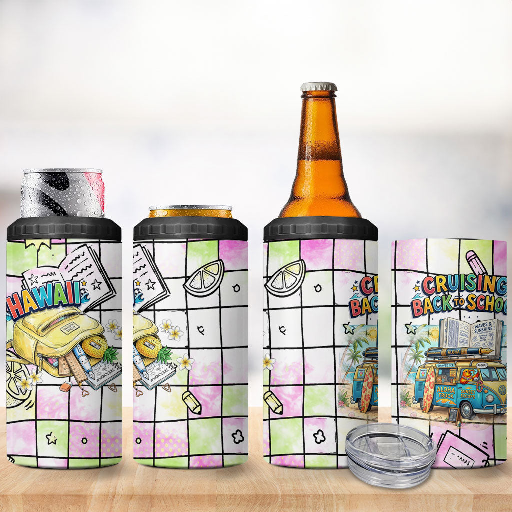 Hawaii Cruising Back To School 4 in 1 Can Cooler Tumbler Grid Pattern With School Bag And Vintage Surf Van