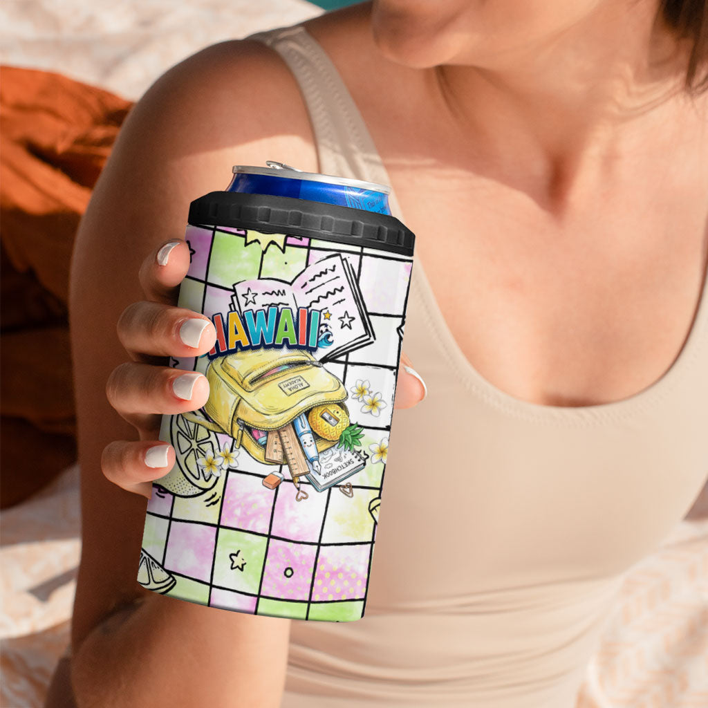 Hawaii Cruising Back To School 4 in 1 Can Cooler Tumbler Grid Pattern With School Bag And Vintage Surf Van