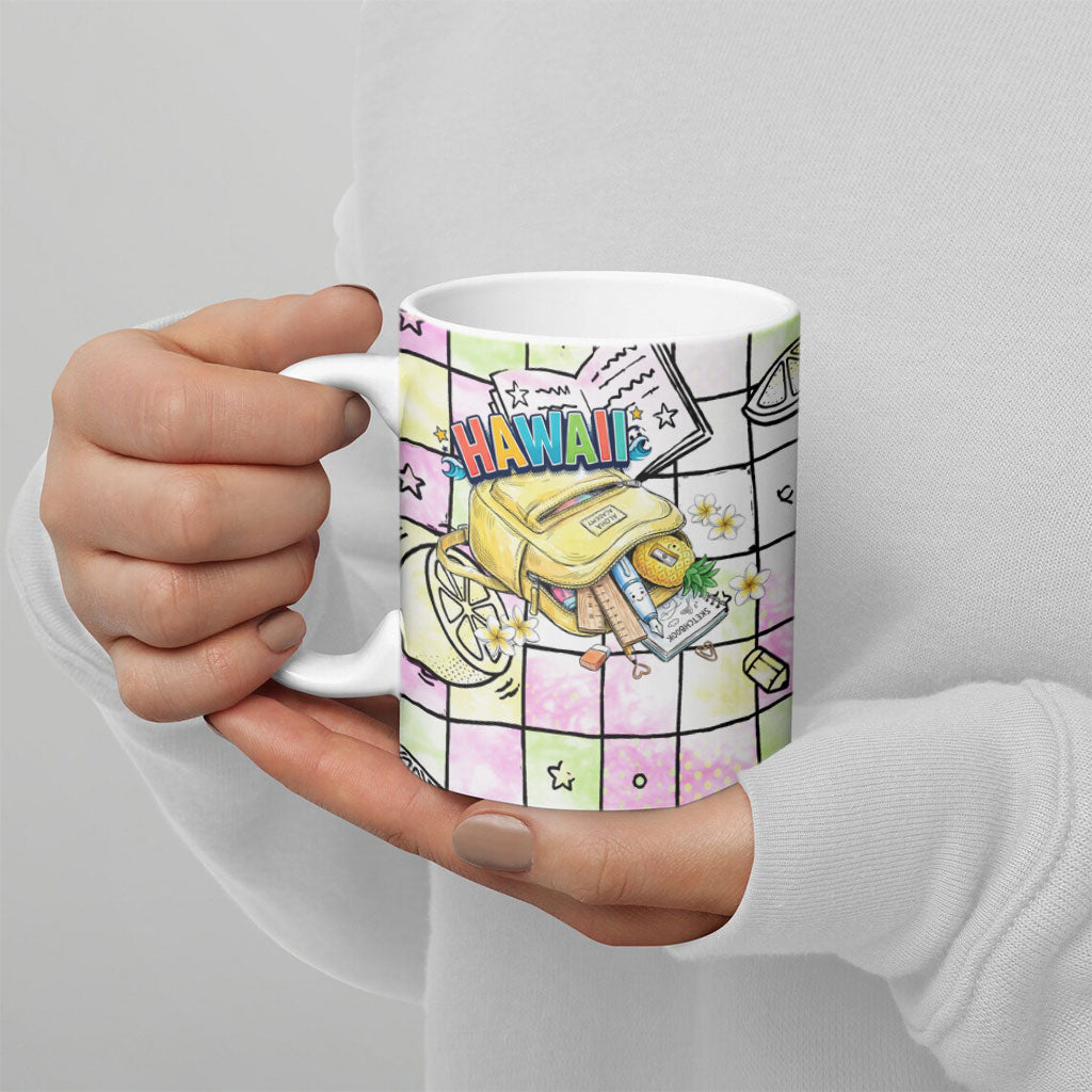 Hawaii Cruising Back To School Ceramic Mug Grid Pattern With School Bag And Vintage Surf Van