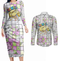 Hawaii Cruising Back To School Couples Matching Long Sleeve Bodycon Dress and Long Sleeve Button Shirt Grid Pattern With School Bag And Vintage Surf Van