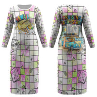 Hawaii Cruising Back To School Couples Matching Long Sleeve Bodycon Dress and Long Sleeve Button Shirt Grid Pattern With School Bag And Vintage Surf Van