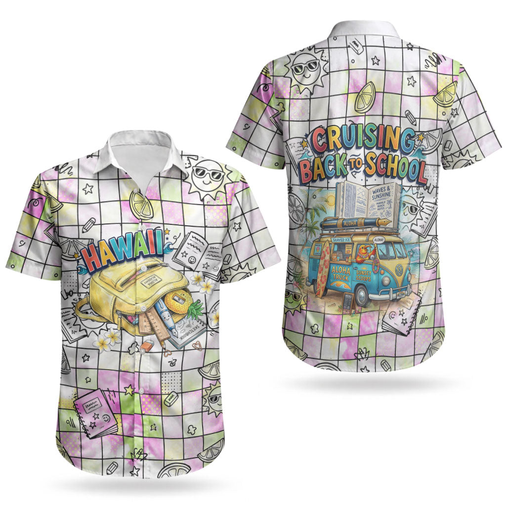 Hawaii Cruising Back To School Couples Matching Off Shoulder Maxi Dress and Hawaiian Shirt Grid Pattern With School Bag And Vintage Surf Van