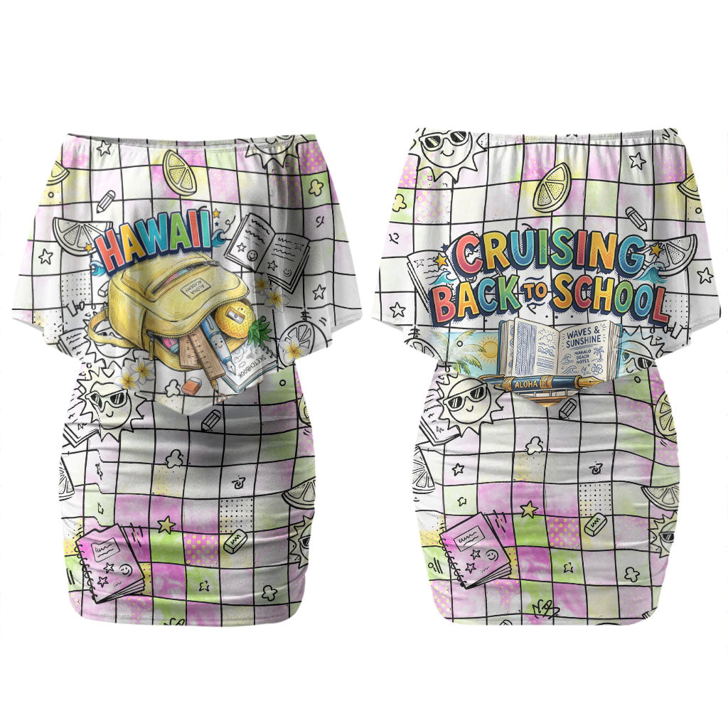 Hawaii Cruising Back To School Couples Matching Off Shoulder Short Dress and Hawaiian Shirt Grid Pattern With School Bag And Vintage Surf Van