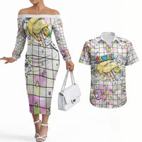 Hawaii Cruising Back To School Couples Matching Off The Shoulder Long Sleeve Dress and Hawaiian Shirt Grid Pattern With School Bag And Vintage Surf Van