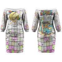 Hawaii Cruising Back To School Couples Matching Off The Shoulder Long Sleeve Dress and Hawaiian Shirt Grid Pattern With School Bag And Vintage Surf Van