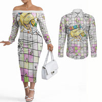 Hawaii Cruising Back To School Couples Matching Off The Shoulder Long Sleeve Dress and Long Sleeve Button Shirt Grid Pattern With School Bag And Vintage Surf Van