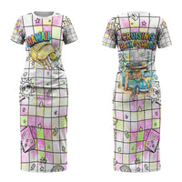 Hawaii Cruising Back To School Couples Matching Short Sleeve Bodycon Dress and Long Sleeve Button Shirt Grid Pattern With School Bag And Vintage Surf Van