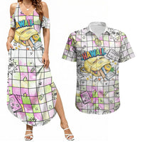Hawaii Cruising Back To School Couples Matching Summer Maxi Dress and Hawaiian Shirt Grid Pattern With School Bag And Vintage Surf Van