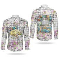 Hawaii Cruising Back To School Couples Matching Summer Maxi Dress and Long Sleeve Button Shirt Grid Pattern With School Bag And Vintage Surf Van