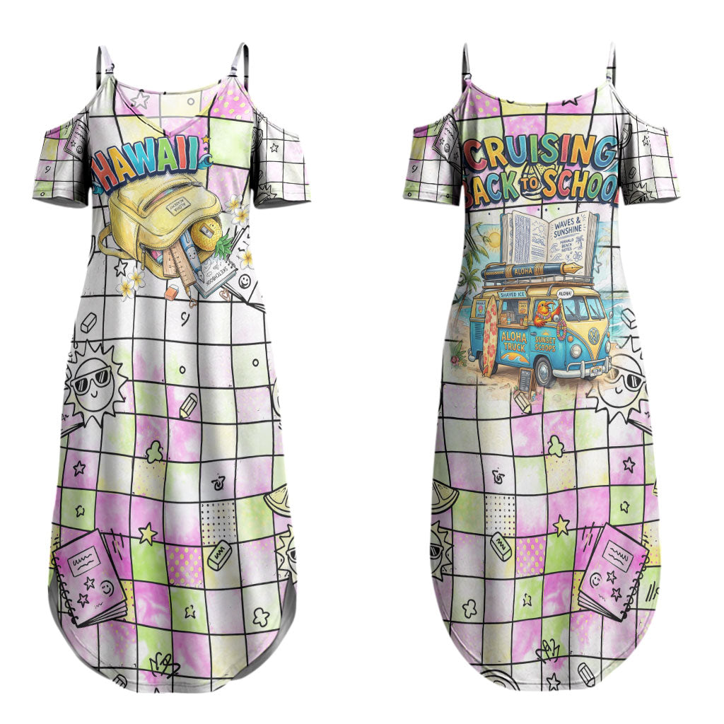 Hawaii Cruising Back To School Couples Matching Summer Maxi Dress and Long Sleeve Button Shirt Grid Pattern With School Bag And Vintage Surf Van