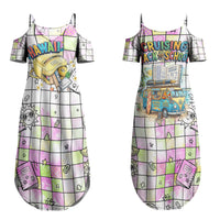 Hawaii Cruising Back To School Couples Matching Summer Maxi Dress and Long Sleeve Button Shirt Grid Pattern With School Bag And Vintage Surf Van