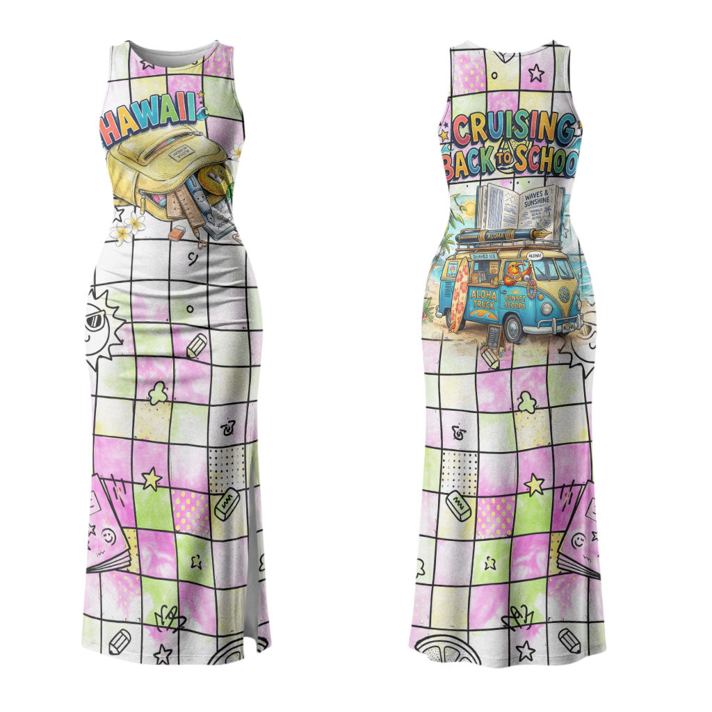 Hawaii Cruising Back To School Couples Matching Tank Maxi Dress and Long Sleeve Button Shirt Grid Pattern With School Bag And Vintage Surf Van
