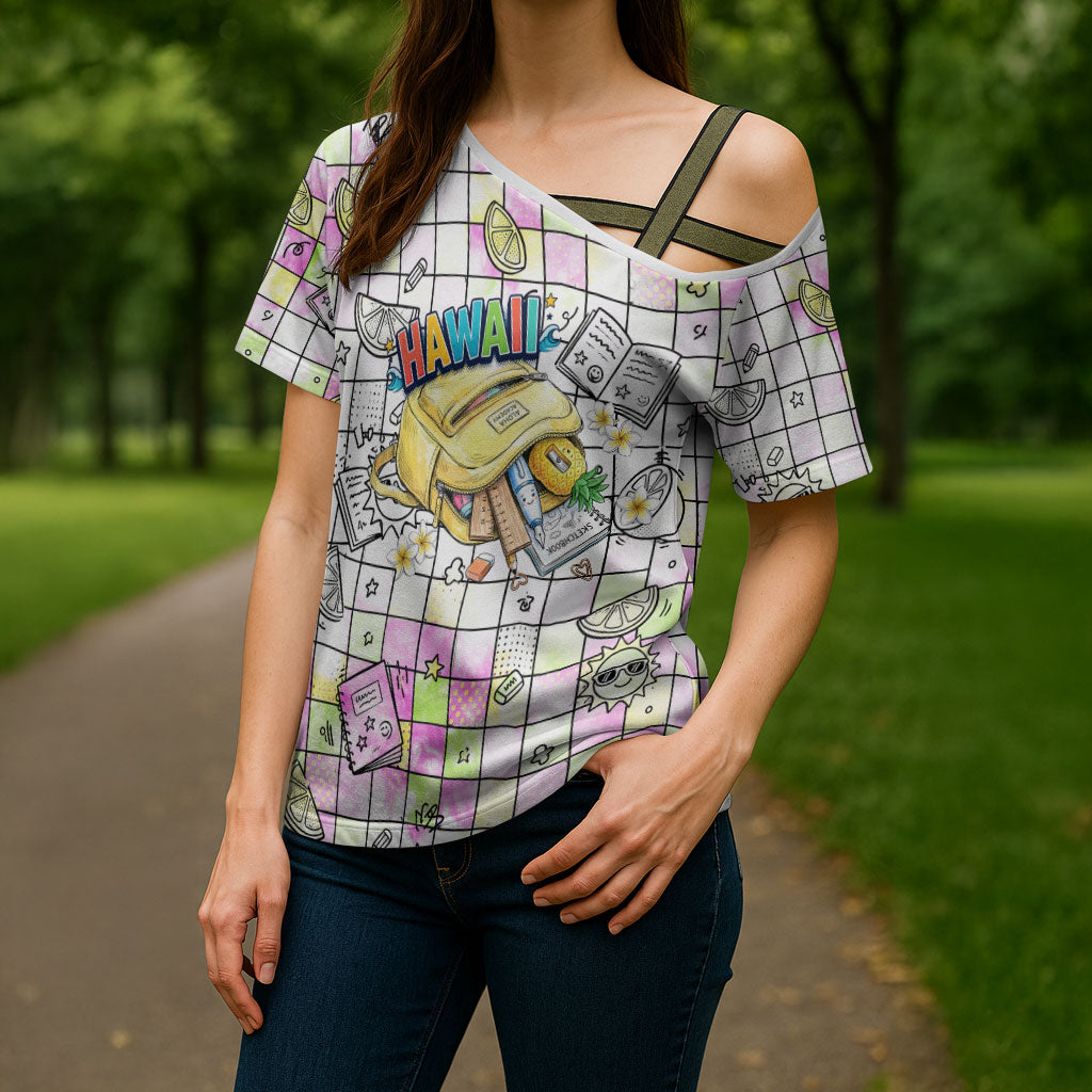 Hawaii Cruising Back To School Cross Shoulder Shirt Grid Pattern With School Bag And Vintage Surf Van