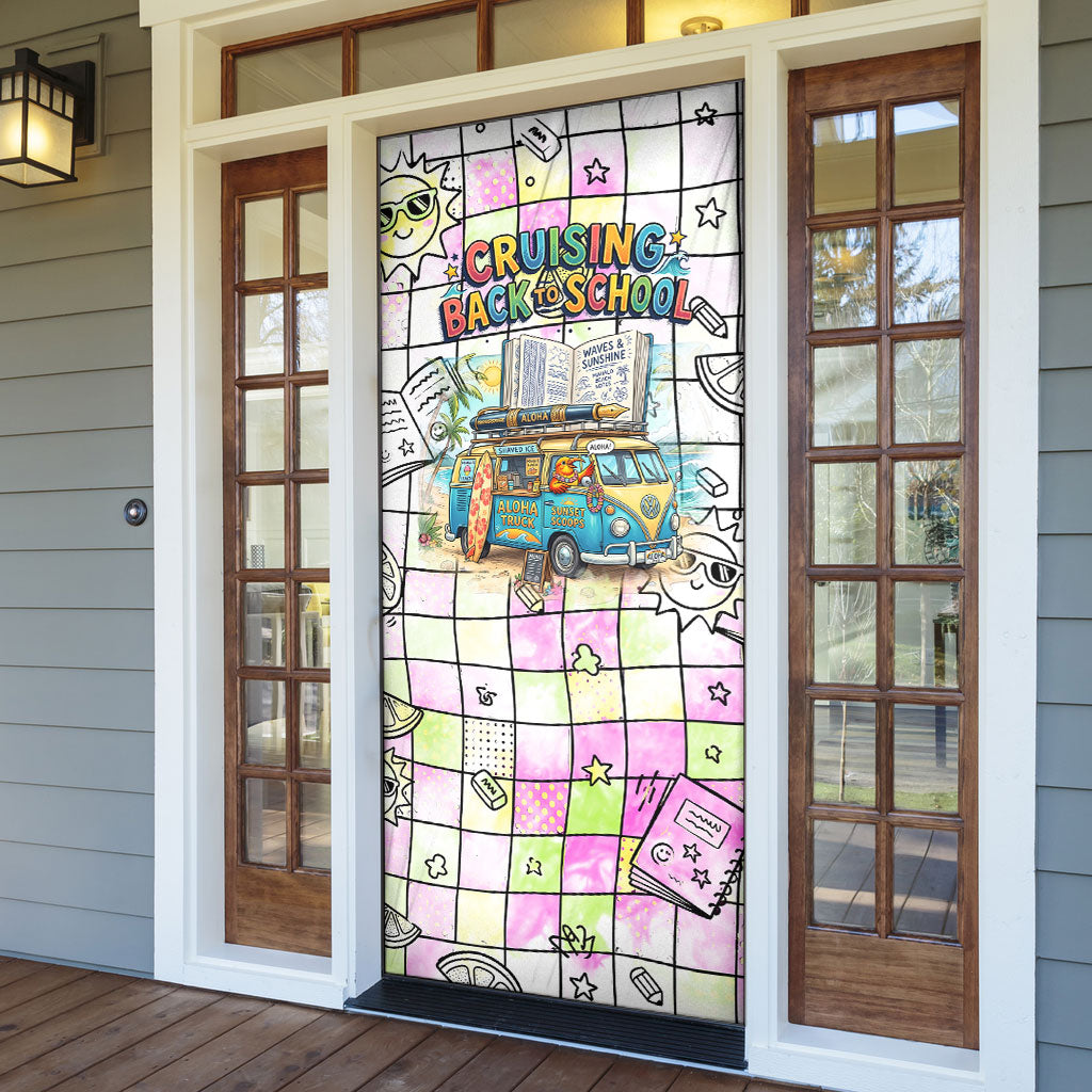 Hawaii Cruising Back To School Door Cover Grid Pattern With School Bag And Vintage Surf Van