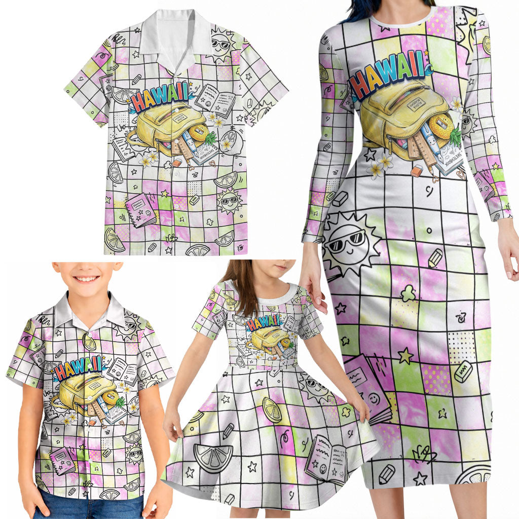 Hawaii Cruising Back To School Family Matching Long Sleeve Bodycon Dress and Hawaiian Shirt Grid Pattern With School Bag And Vintage Surf Van