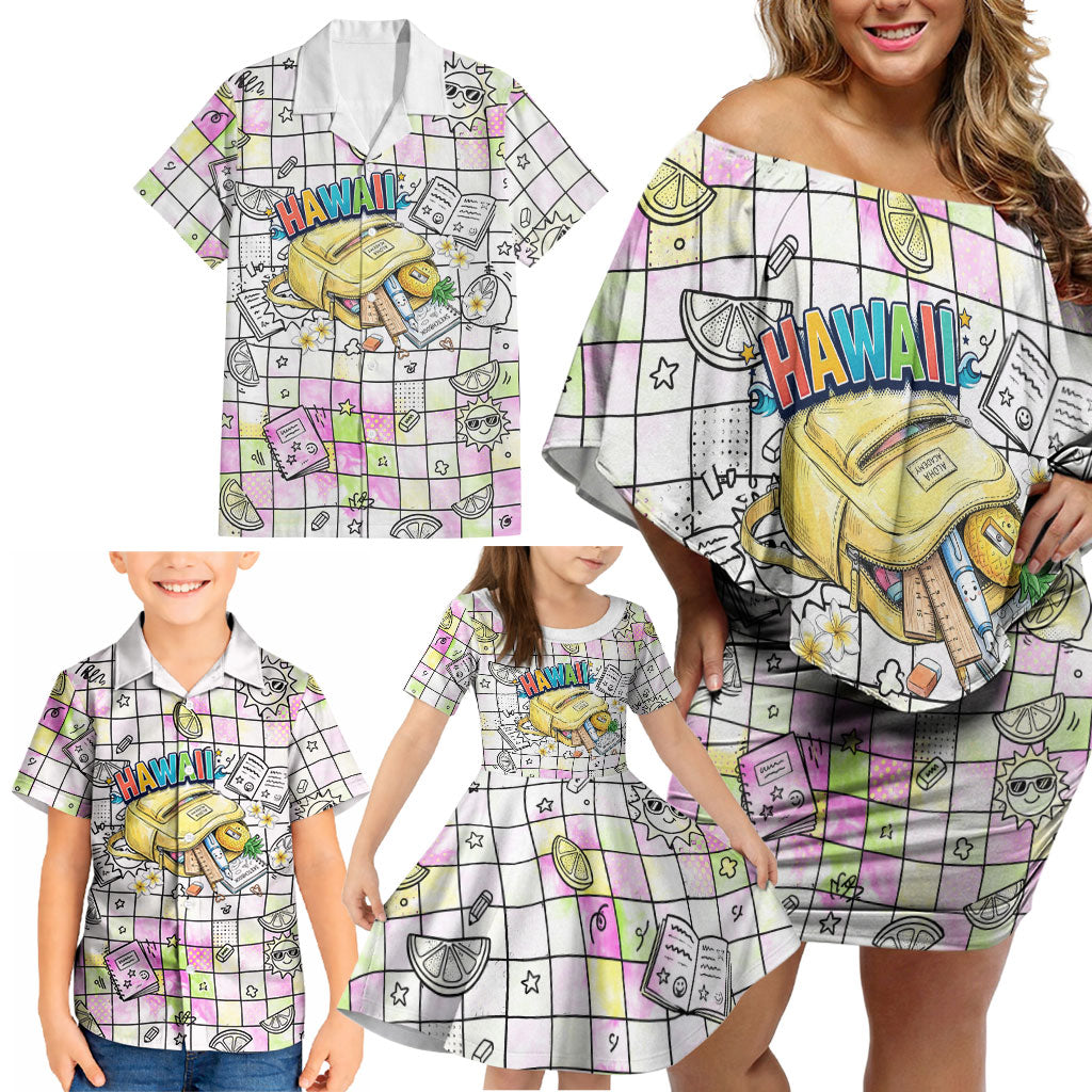 Hawaii Cruising Back To School Family Matching Off Shoulder Short Dress and Hawaiian Shirt Grid Pattern With School Bag And Vintage Surf Van