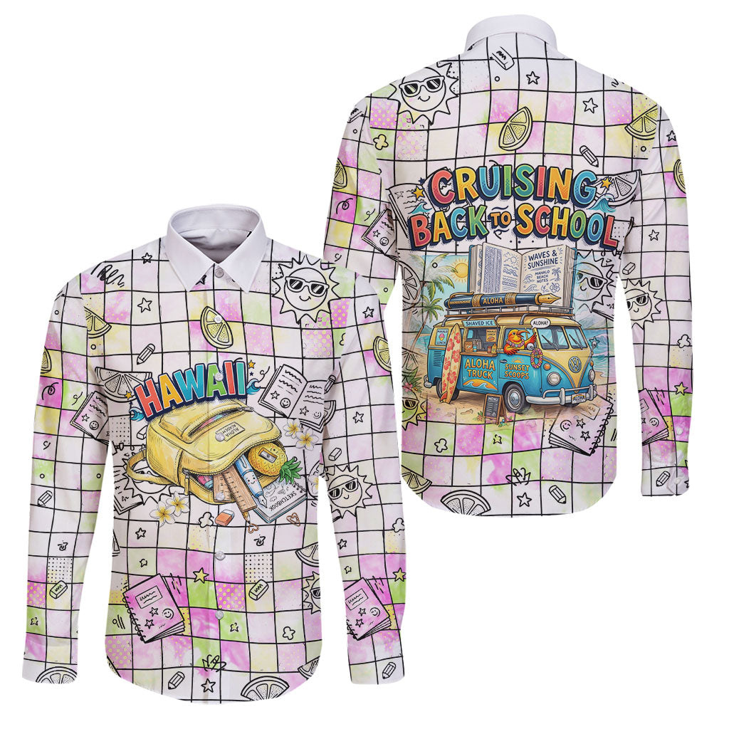 Hawaii Cruising Back To School Family Matching Off Shoulder Short Dress and Hawaiian Shirt Grid Pattern With School Bag And Vintage Surf Van
