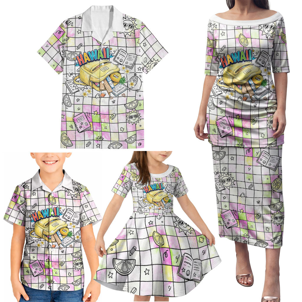 Hawaii Cruising Back To School Family Matching Puletasi and Hawaiian Shirt Grid Pattern With School Bag And Vintage Surf Van