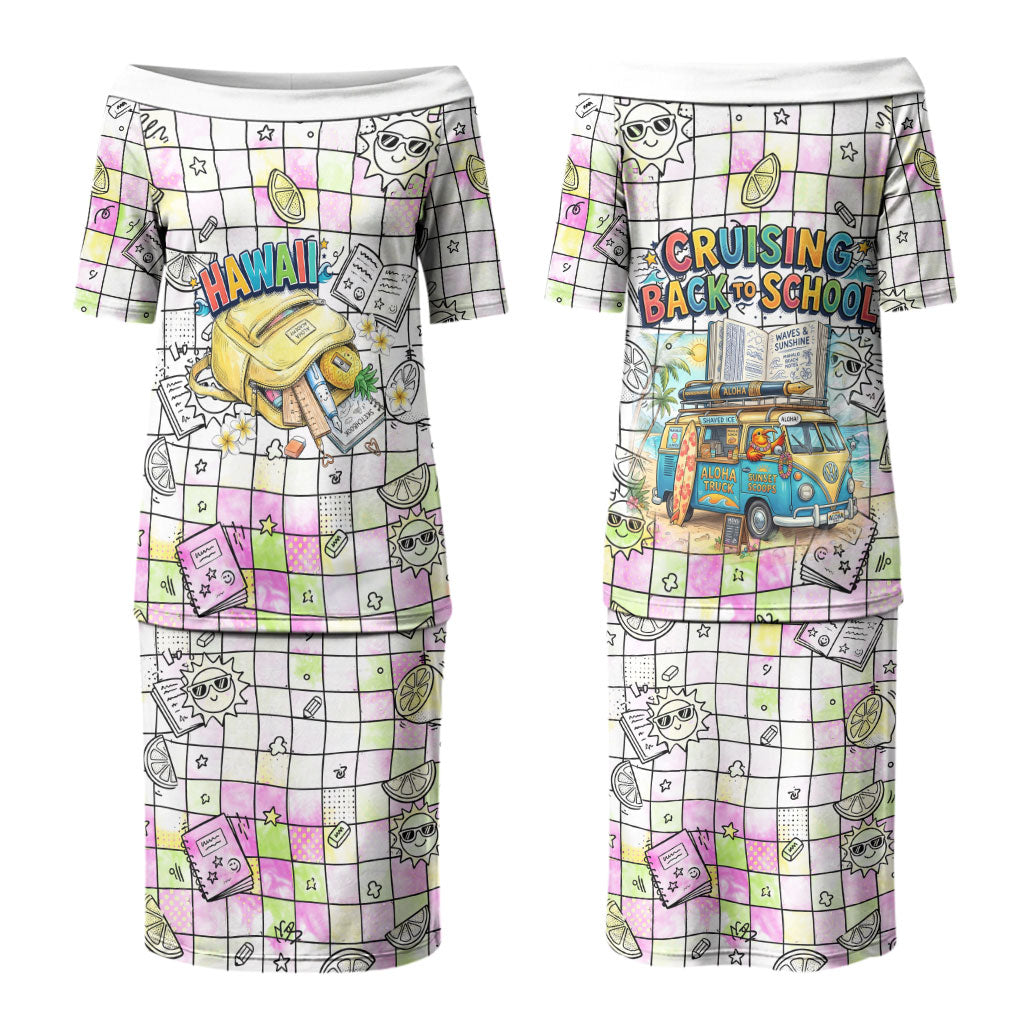 Hawaii Cruising Back To School Family Matching Puletasi and Hawaiian Shirt Grid Pattern With School Bag And Vintage Surf Van