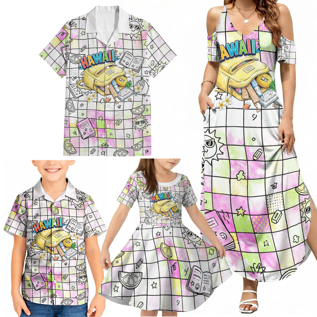 Hawaii Cruising Back To School Family Matching Summer Maxi Dress and Hawaiian Shirt Grid Pattern With School Bag And Vintage Surf Van