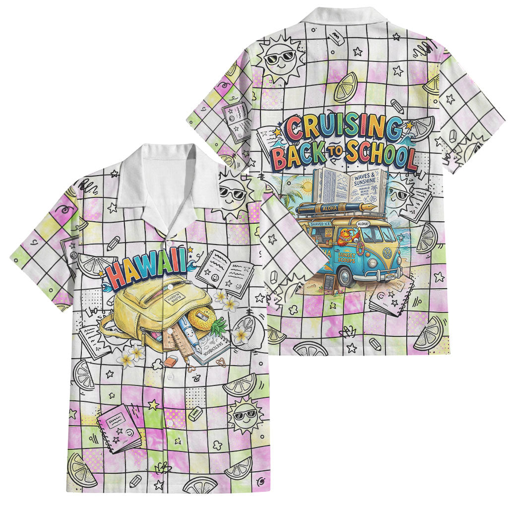Hawaii Cruising Back To School Family Matching Tank Maxi Dress and Hawaiian Shirt Grid Pattern With School Bag And Vintage Surf Van