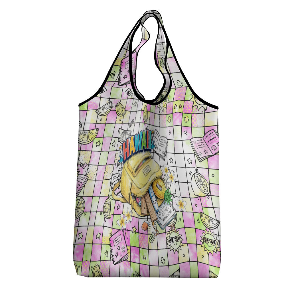 Hawaii Cruising Back To School Grocery Bag Grid Pattern With School Bag And Vintage Surf Van