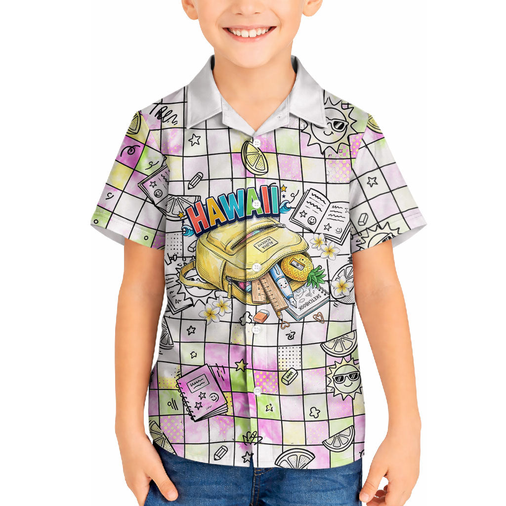 Hawaii Cruising Back To School Hawaiian Shirt Grid Pattern With School Bag And Vintage Surf Van