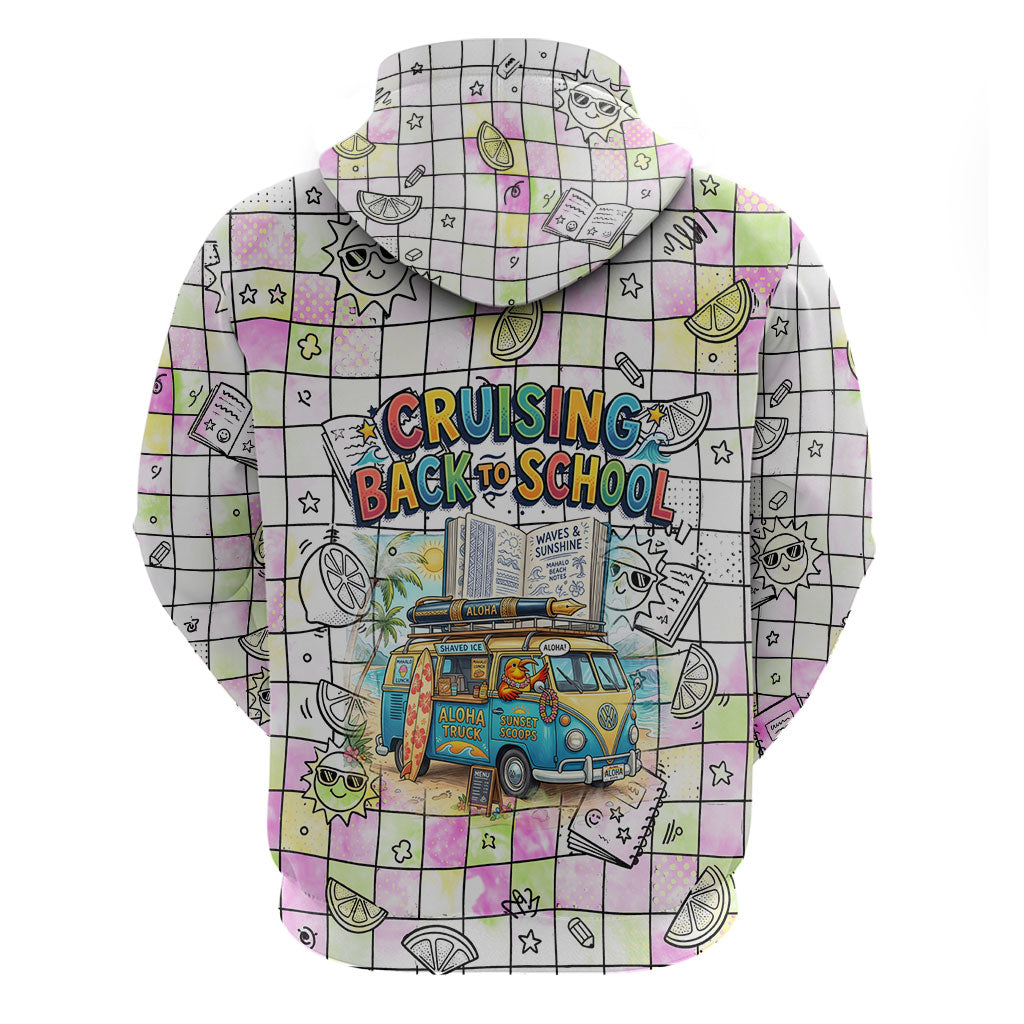 Hawaii Cruising Back To School Hoodie Grid Pattern With School Bag And Vintage Surf Van