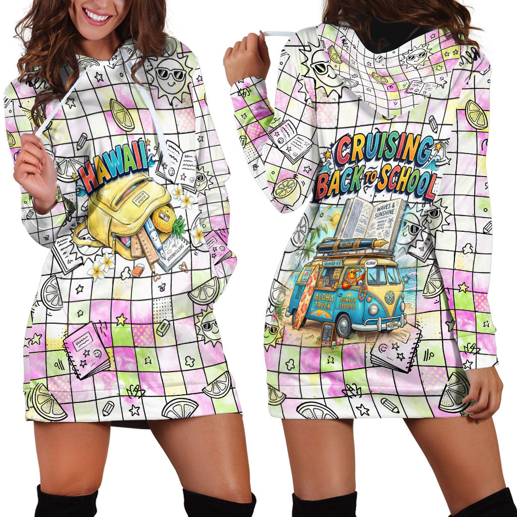 Hawaii Cruising Back To School Hoodie Dress Grid Pattern With School Bag And Vintage Surf Van