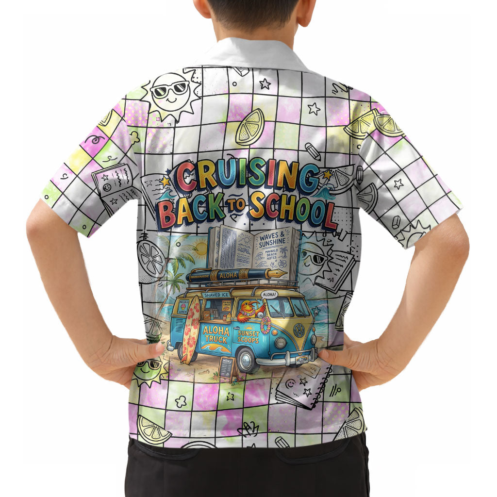 Hawaii Cruising Back To School Kid Hawaiian Shirt Grid Pattern With School Bag And Vintage Surf Van