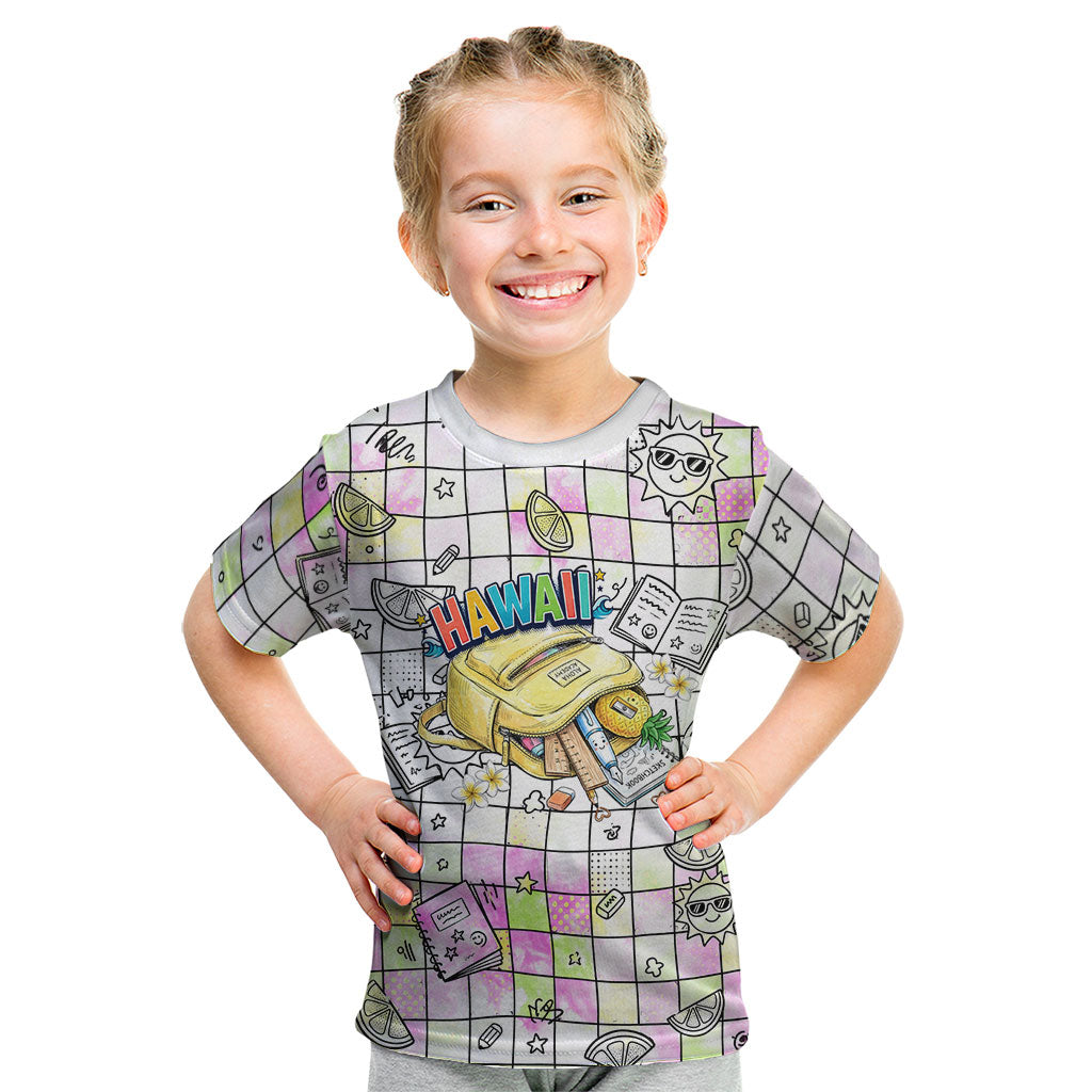 Hawaii Cruising Back To School Kid T Shirt Grid Pattern With School Bag And Vintage Surf Van