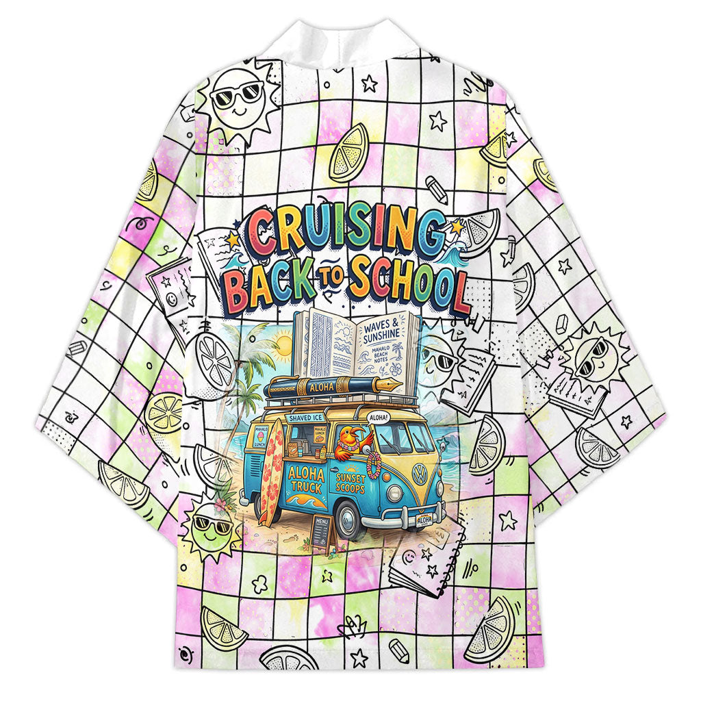 Hawaii Cruising Back To School Kimono Grid Pattern With School Bag And Vintage Surf Van