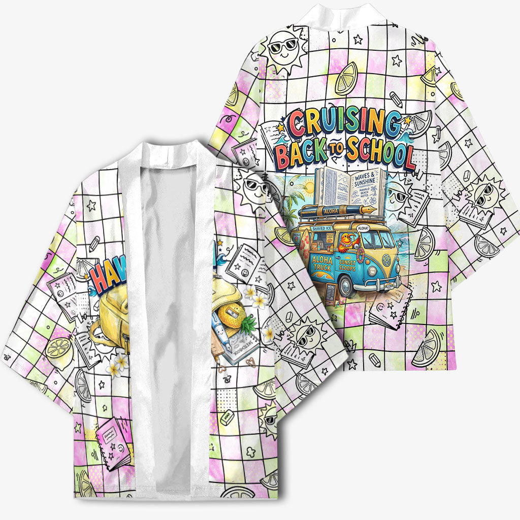 Hawaii Cruising Back To School Kimono Grid Pattern With School Bag And Vintage Surf Van