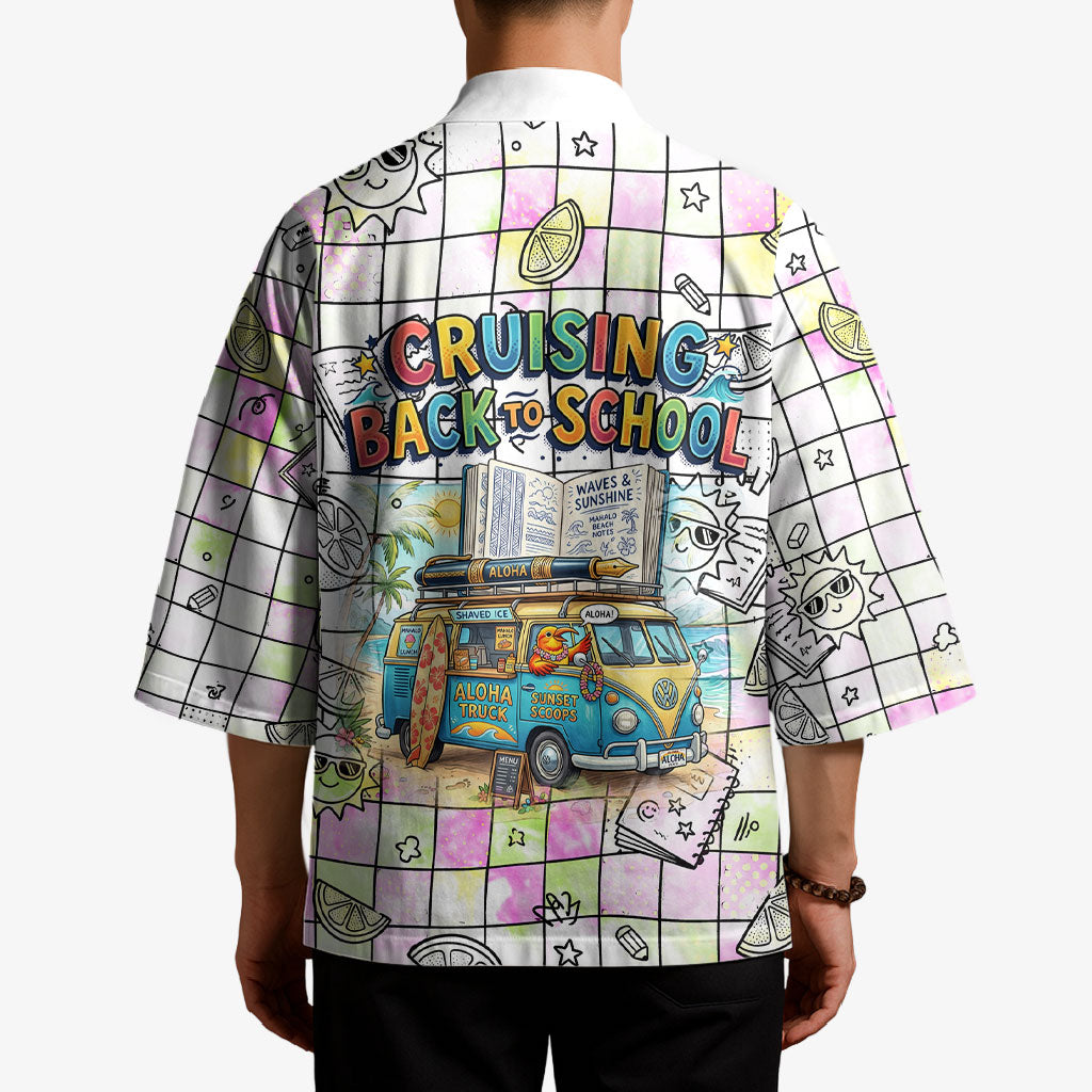 Hawaii Cruising Back To School Kimono Grid Pattern With School Bag And Vintage Surf Van