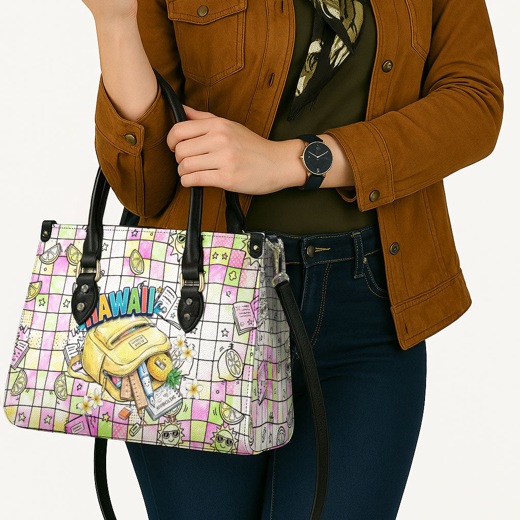 Hawaii Cruising Back To School Leather Bag Grid Pattern With School Bag And Vintage Surf Van