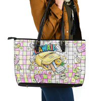 Hawaii Cruising Back To School Leather Tote Bag Grid Pattern With School Bag And Vintage Surf Van