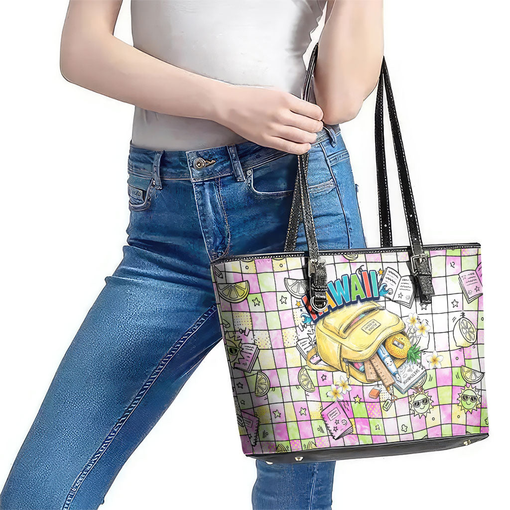 Hawaii Cruising Back To School Leather Tote Bag Grid Pattern With School Bag And Vintage Surf Van