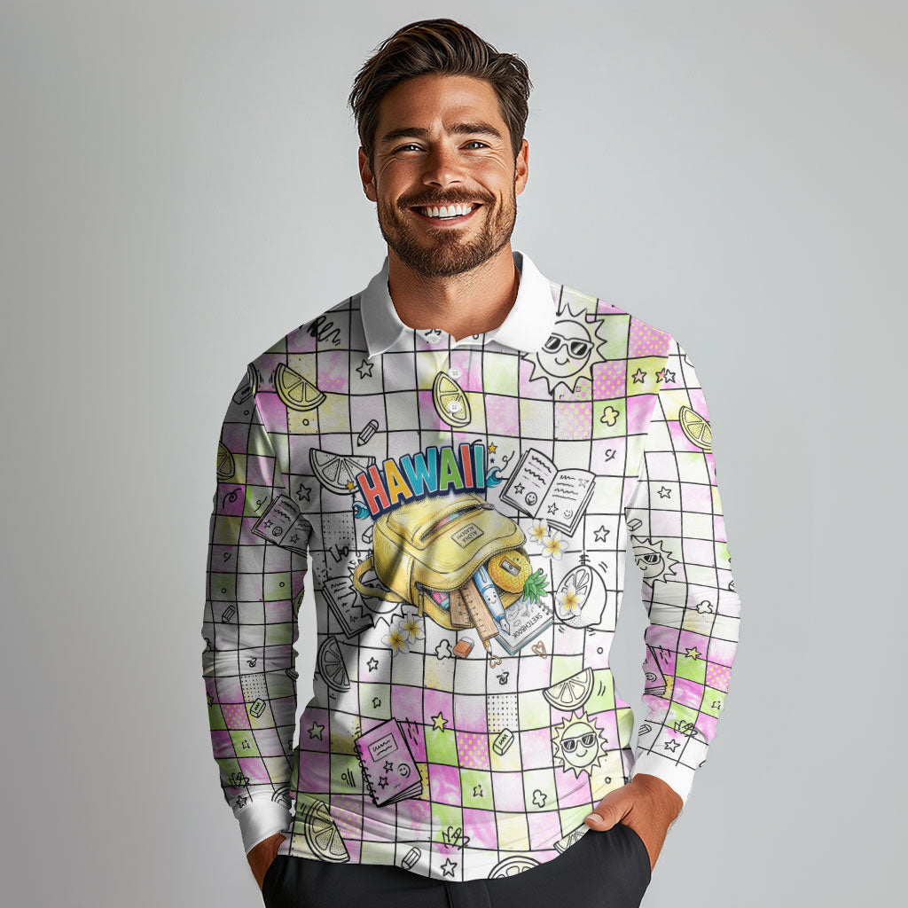 Hawaii Cruising Back To School Long Sleeve Polo Shirt Grid Pattern With School Bag And Vintage Surf Van