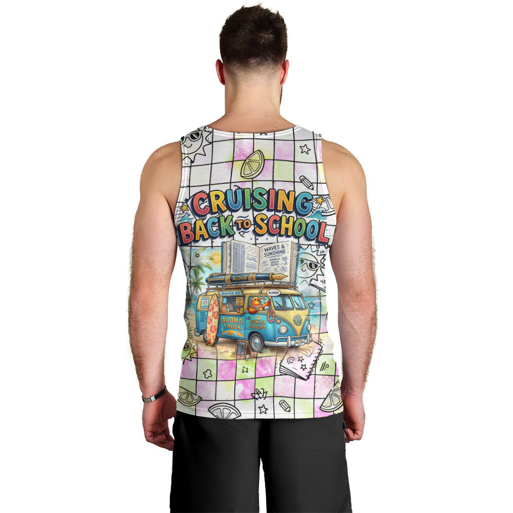 Hawaii Cruising Back To School Men Tank Top Grid Pattern With School Bag And Vintage Surf Van