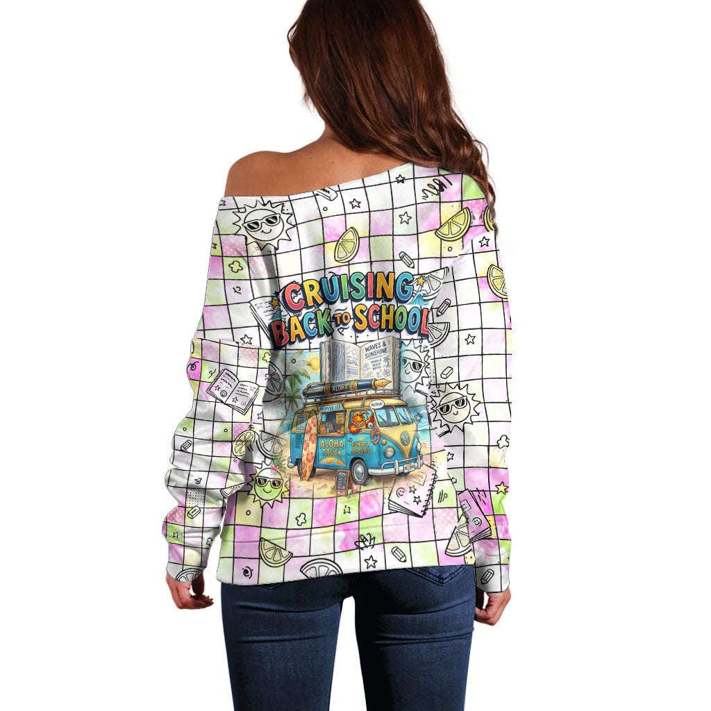 Hawaii Cruising Back To School Off Shoulder Sweater Grid Pattern With School Bag And Vintage Surf Van