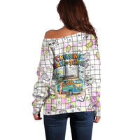 Hawaii Cruising Back To School Off Shoulder Sweater Grid Pattern With School Bag And Vintage Surf Van