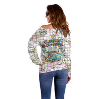 Hawaii Cruising Back To School Off Shoulder Sweater Grid Pattern With School Bag And Vintage Surf Van