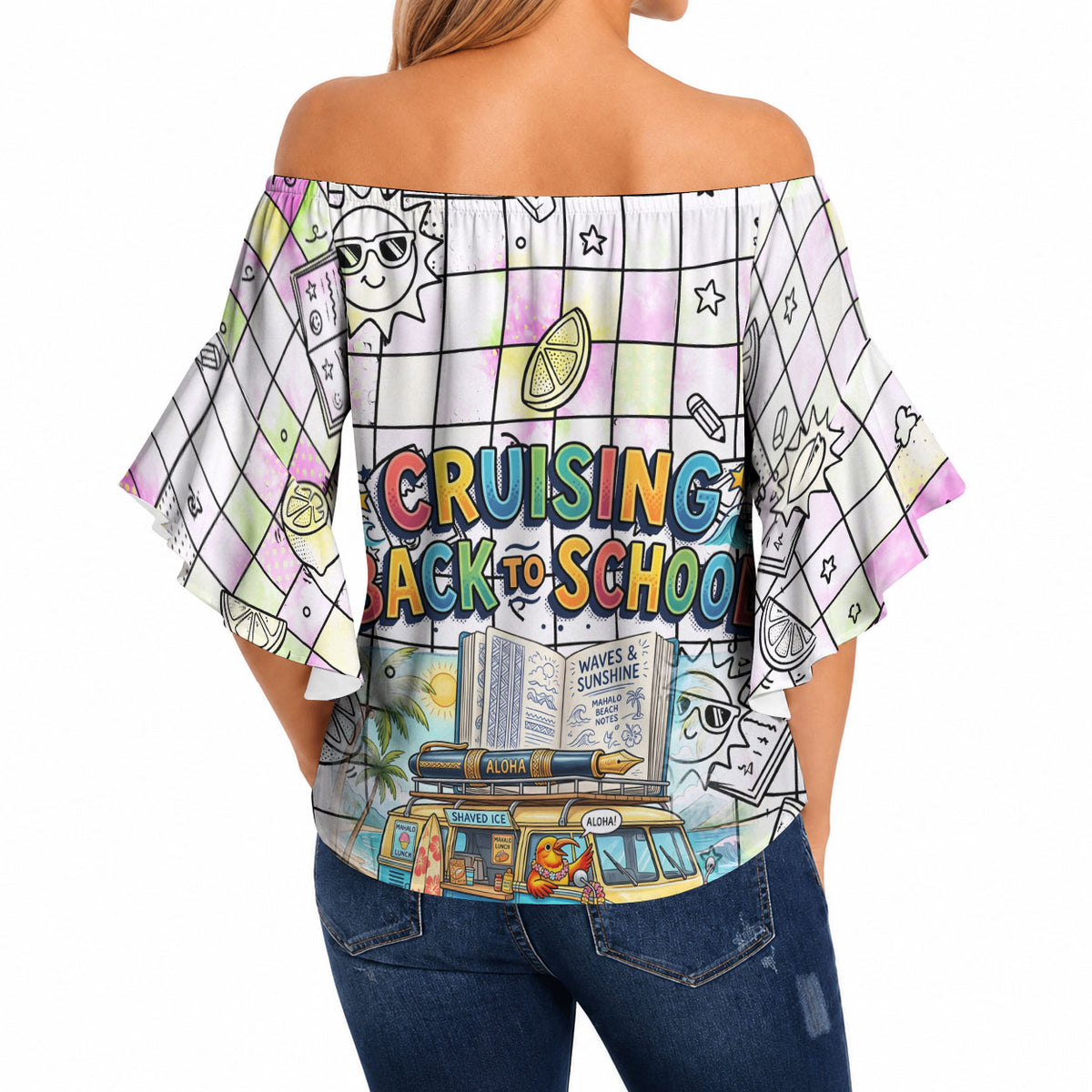Hawaii Cruising Back To School Off Shoulder Wrap Waist Top Grid Pattern With School Bag And Vintage Surf Van TS04 - Polynesian Pride