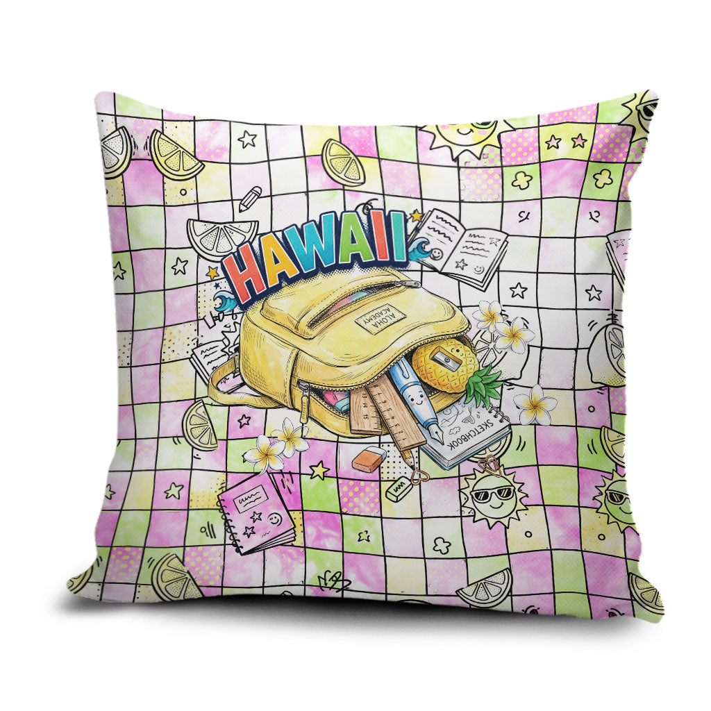 Hawaii Cruising Back To School Pillow Cover Grid Pattern With School Bag And Vintage Surf Van