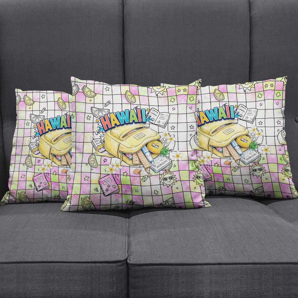 Hawaii Cruising Back To School Pillow Cover Grid Pattern With School Bag And Vintage Surf Van